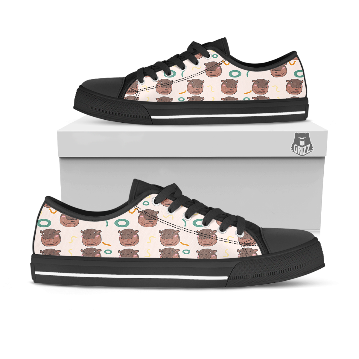 Moo Deng Hippo Black Low Top Shoes-grizzshop