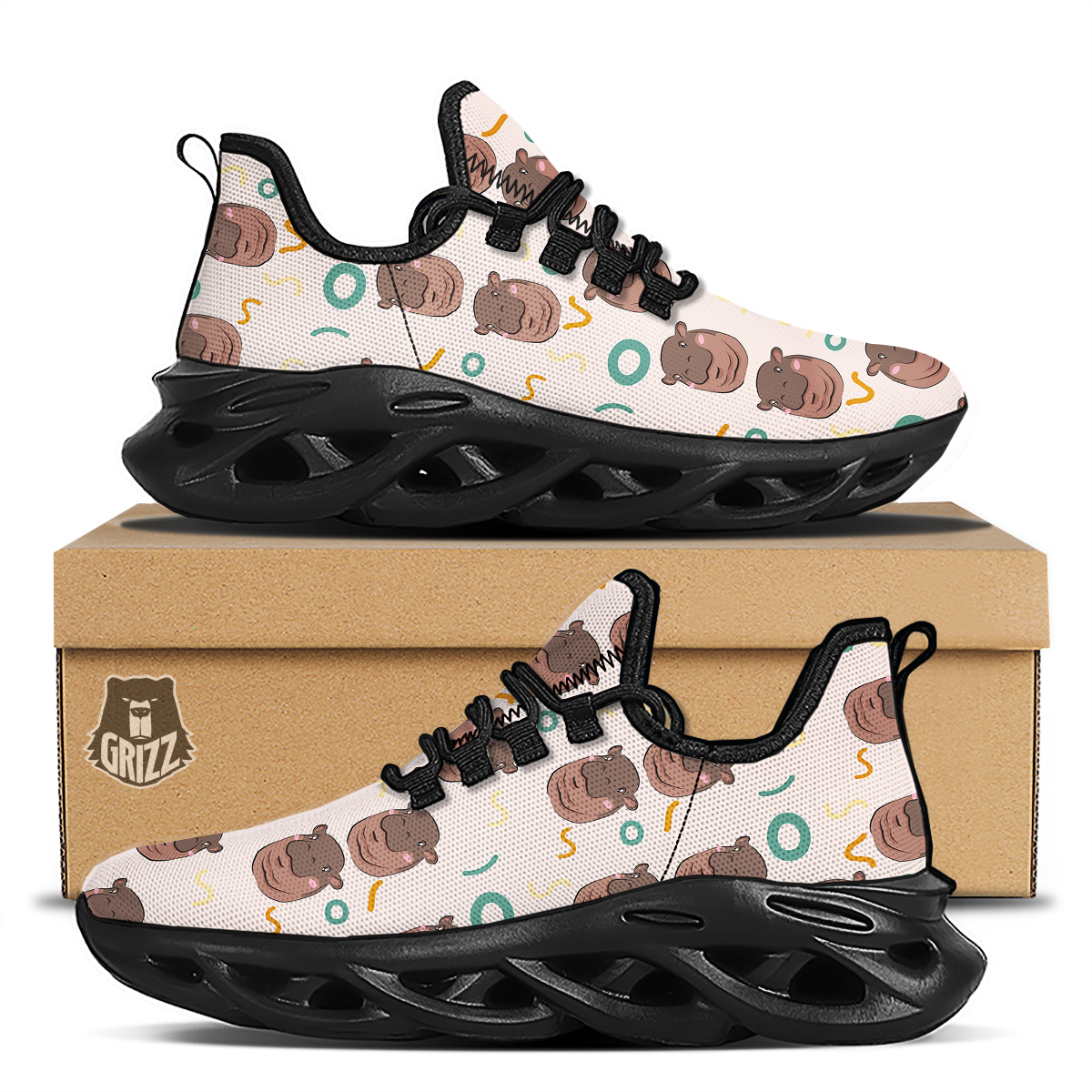 Moo Deng Hippo Black Running Shoes-grizzshop