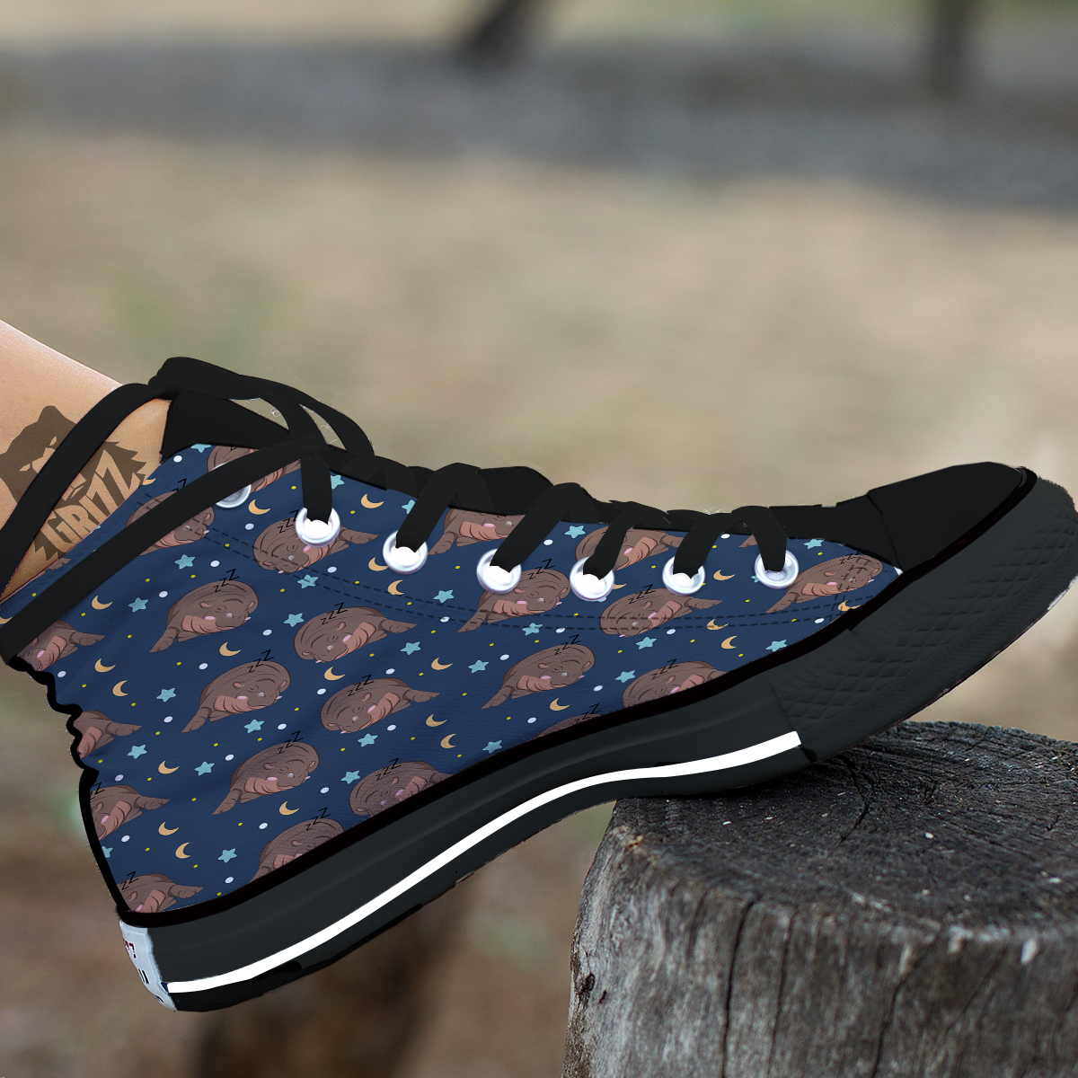 Moo Deng Hippo Sleeping Black High Top Shoes-grizzshop