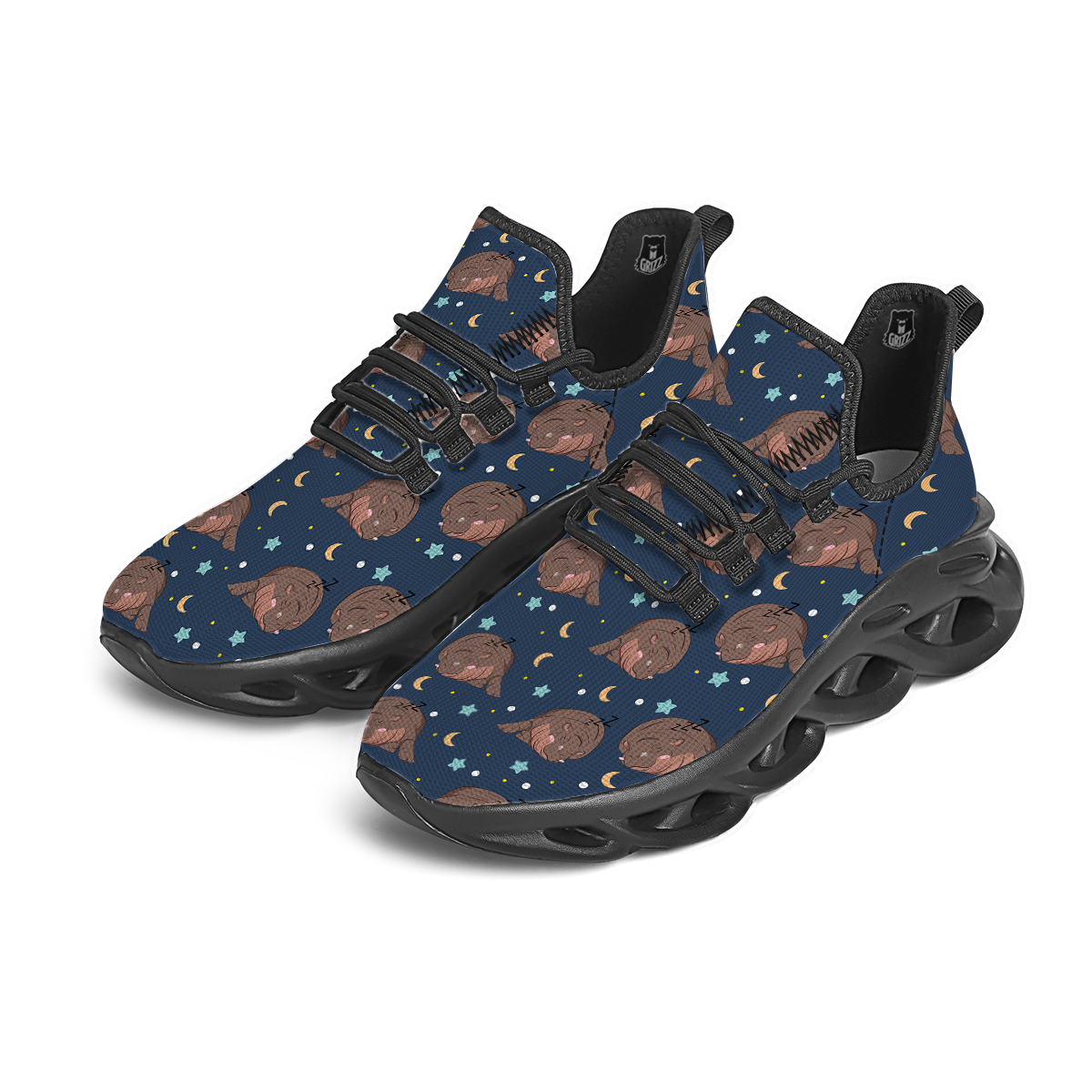 Moo Deng Hippo Sleeping Black Running Shoes-grizzshop
