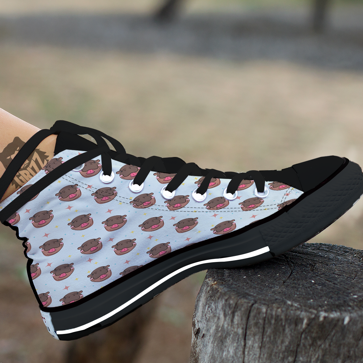 Moo Deng Hippo Smiling Black High Top Shoes-grizzshop