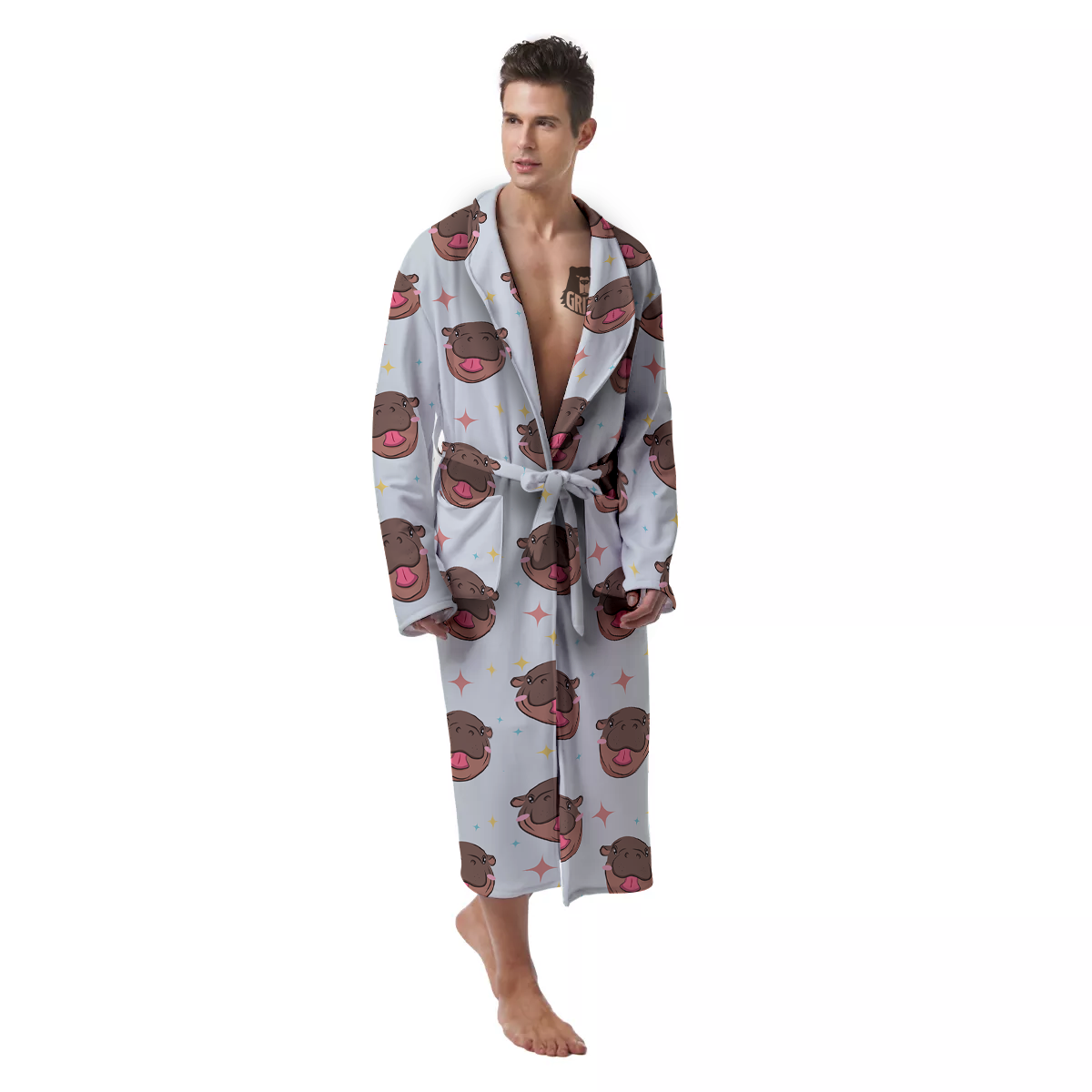 Moo Deng Hippo Smiling Men's Robe-grizzshop