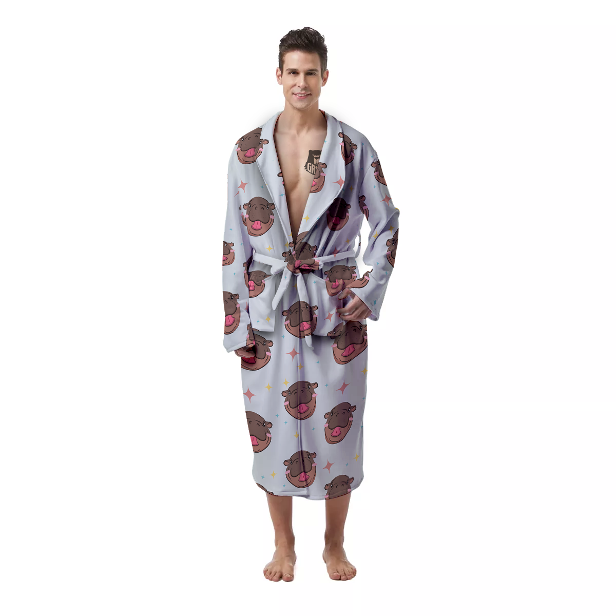 Moo Deng Hippo Smiling Men's Robe-grizzshop