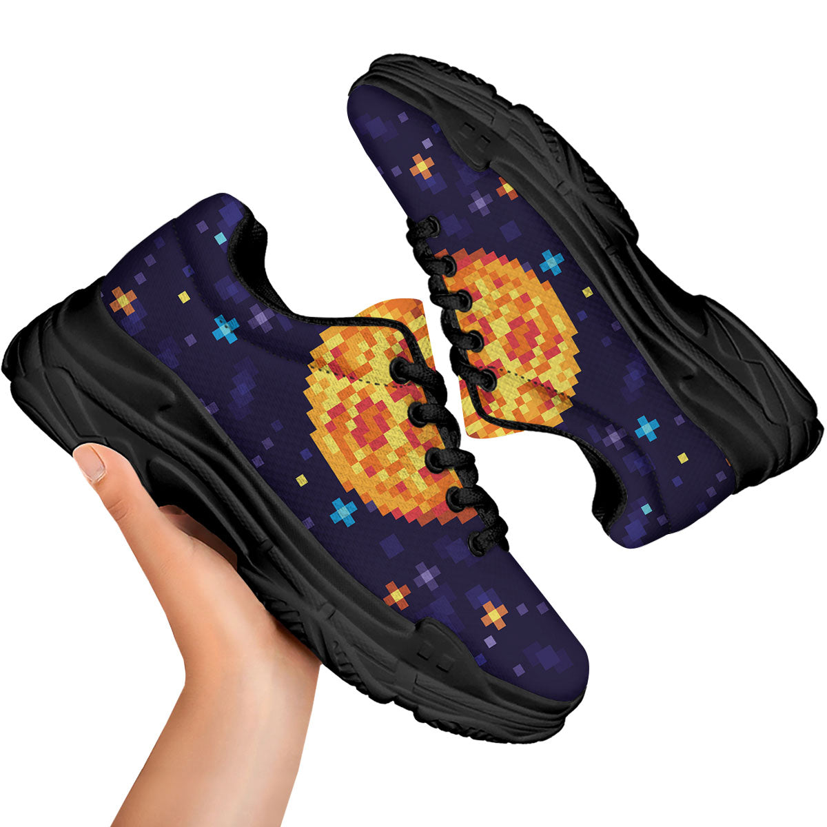 Moon 8-Bit Pixel Print Black Chunky Shoes-grizzshop