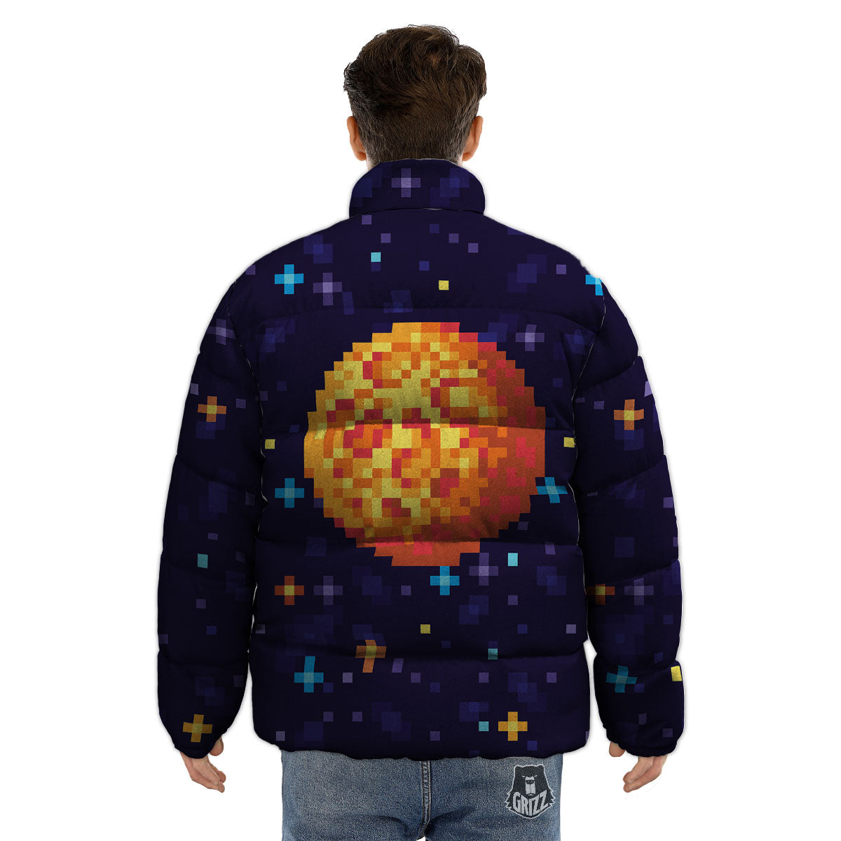 Moon 8-Bit Pixel Print Puffer Jacket-grizzshop