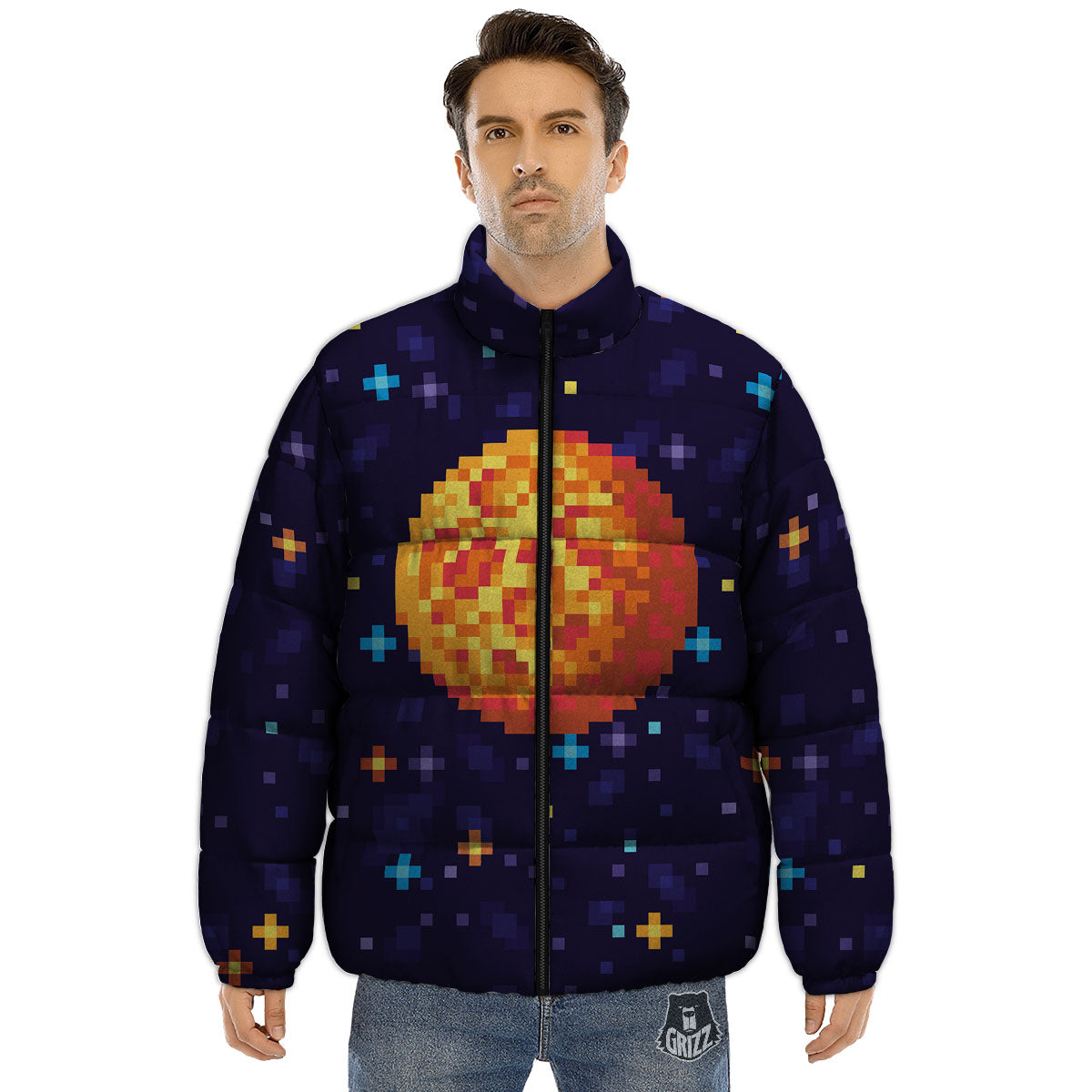 Moon 8-Bit Pixel Print Puffer Jacket-grizzshop