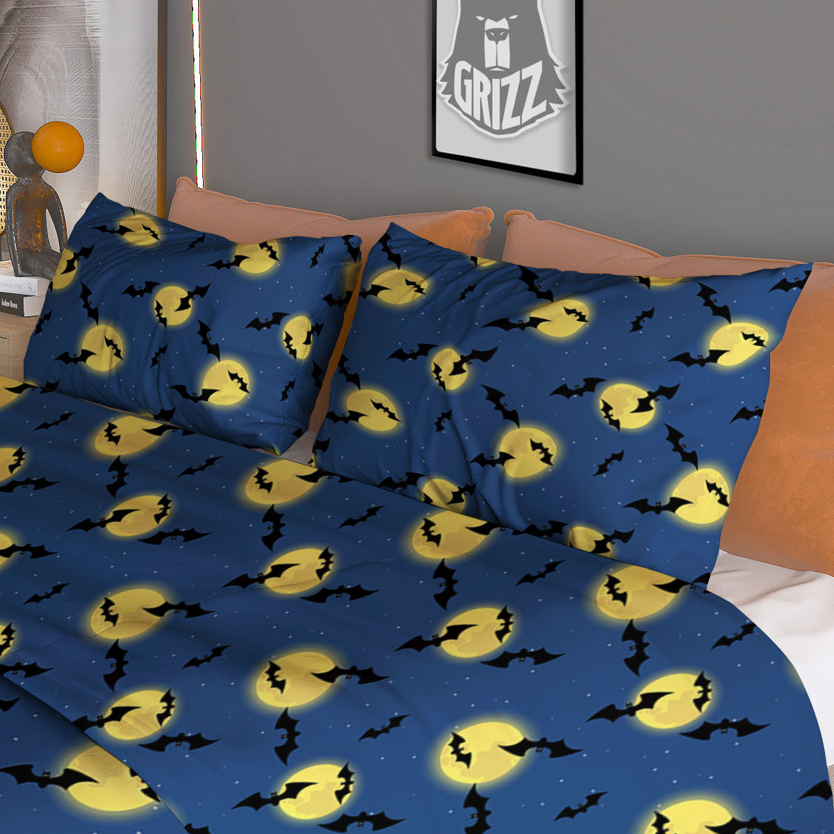 Moon And Bat Halloween Print Pattern Duvet Cover Bedding Set