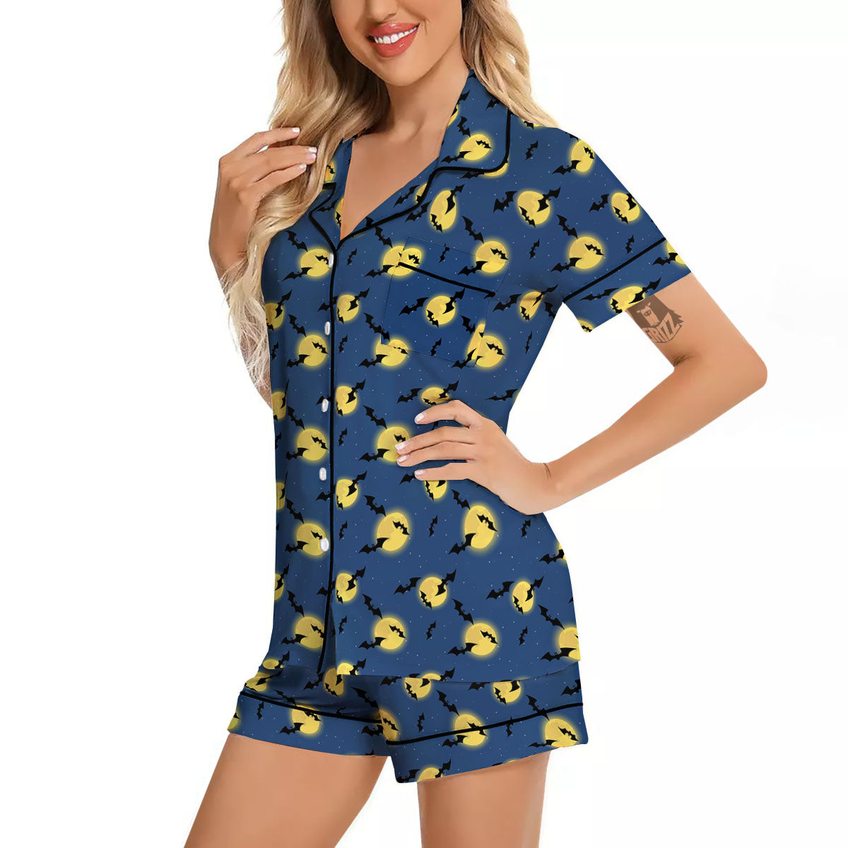 Moon And Bat Halloween Print Pattern Women Silk Pajamas-grizzshop
