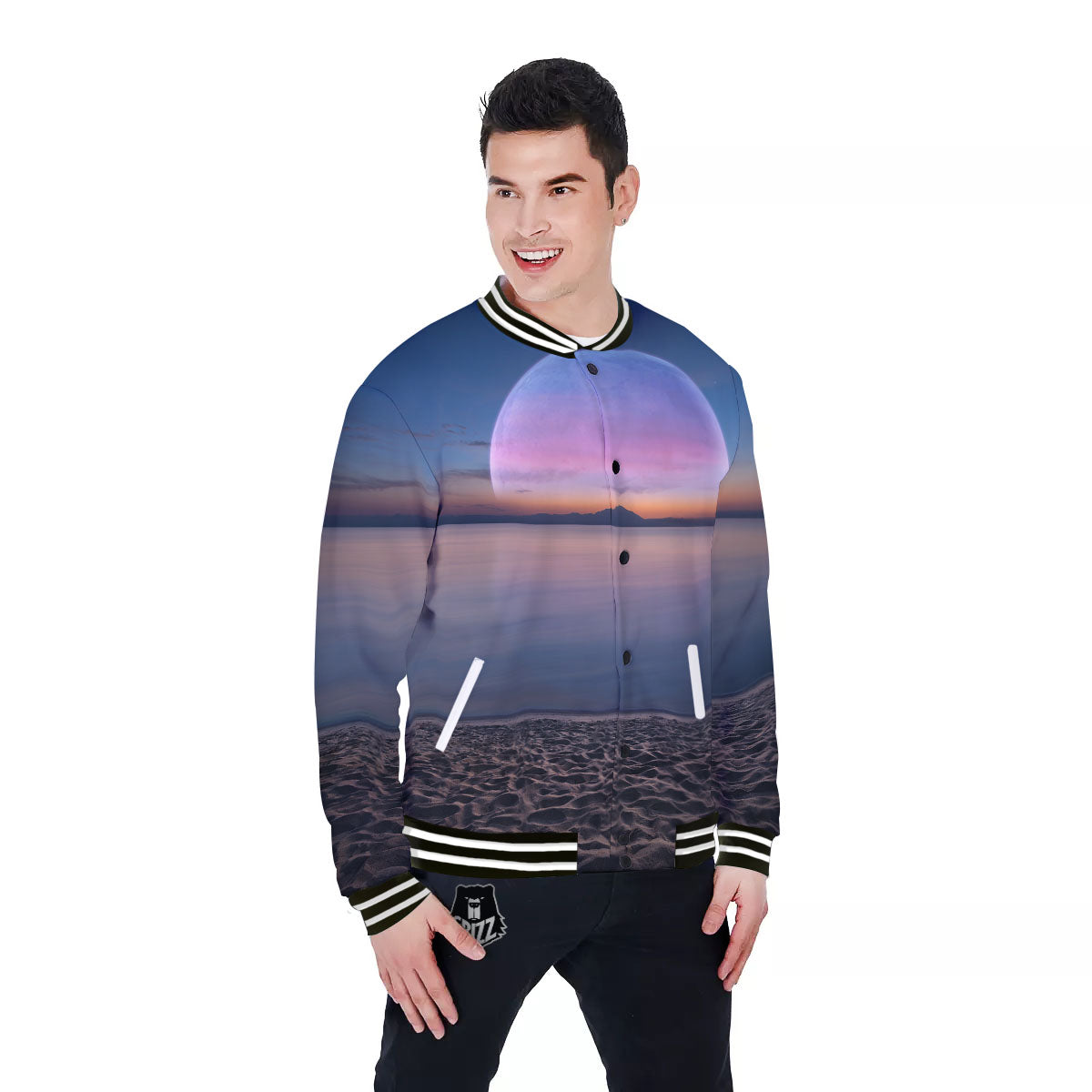Moon And Beach Print Baseball Jacket-grizzshop
