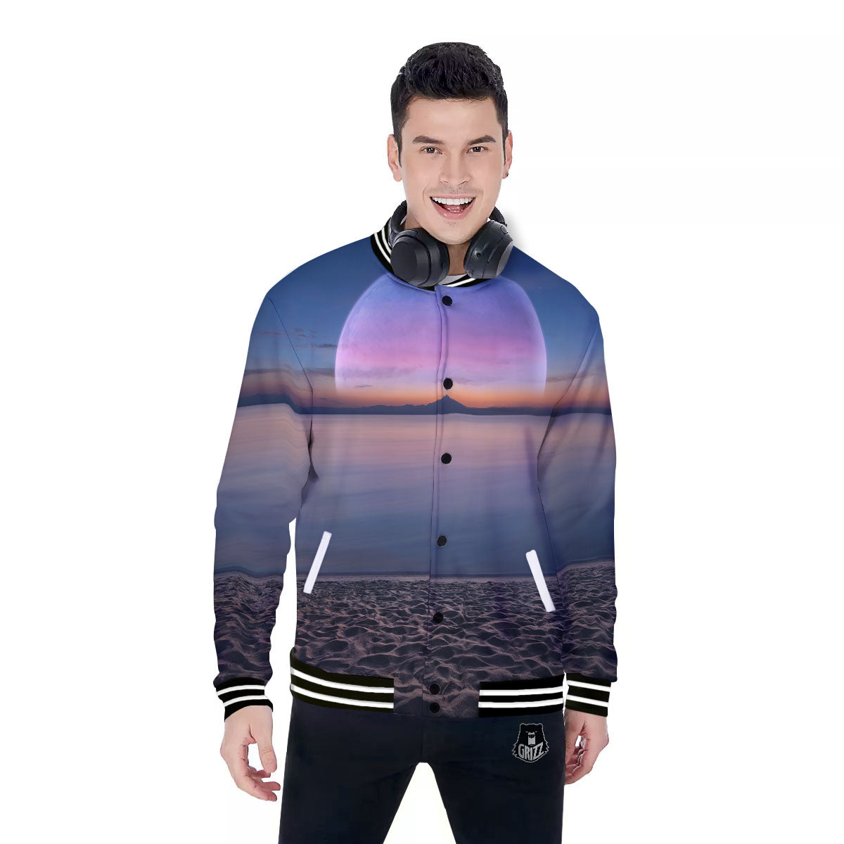 Moon And Beach Print Baseball Jacket-grizzshop