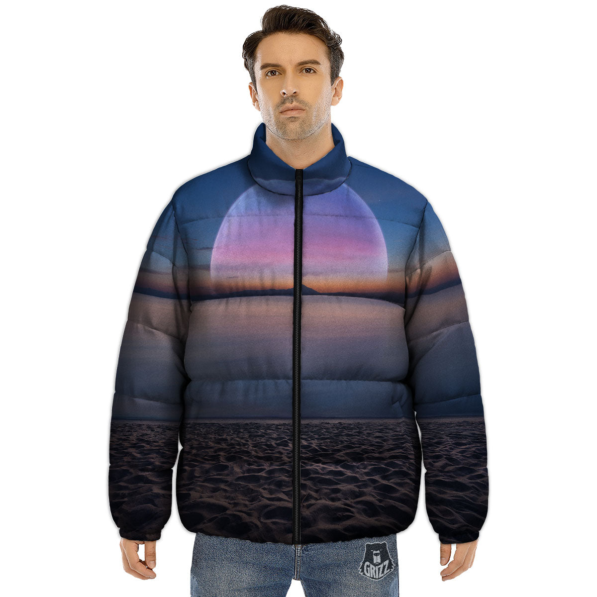 Moon And Beach Print Puffer Jacket-grizzshop