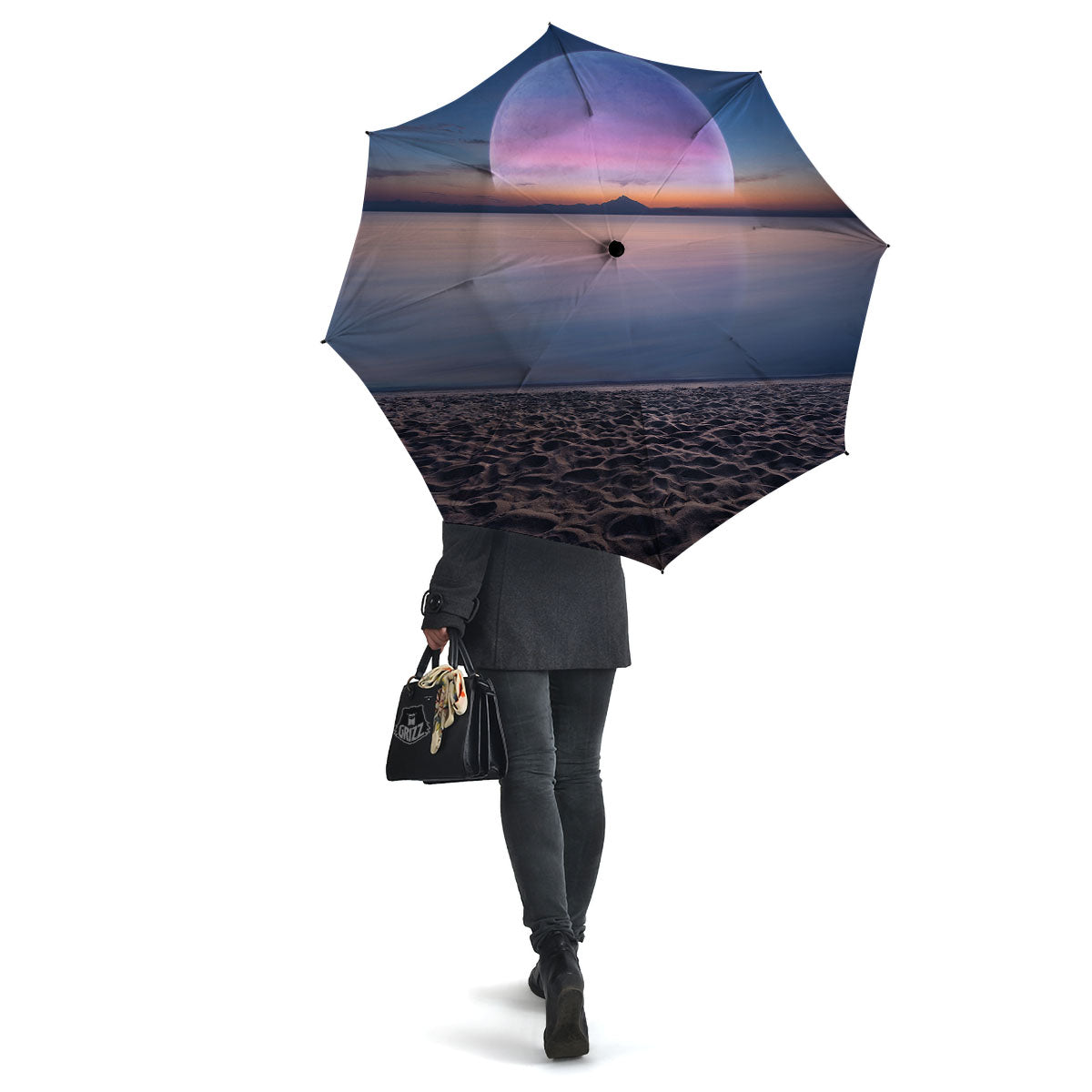 Moon And Beach Print Umbrella-grizzshop