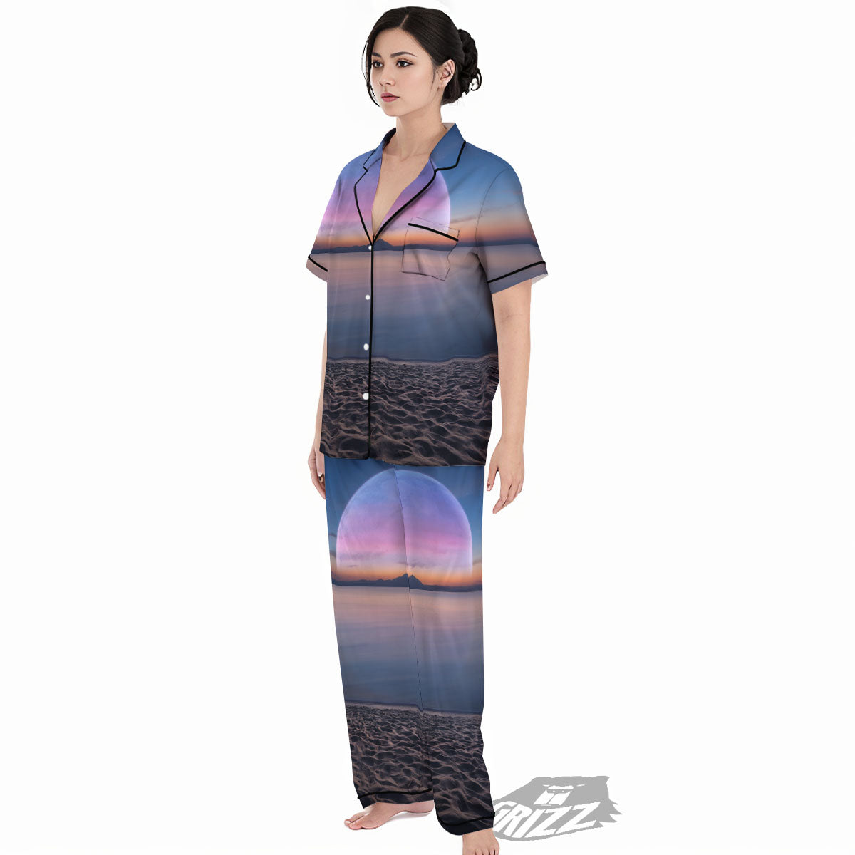 Moon And Beach Print Women's Pajamas Set-grizzshop