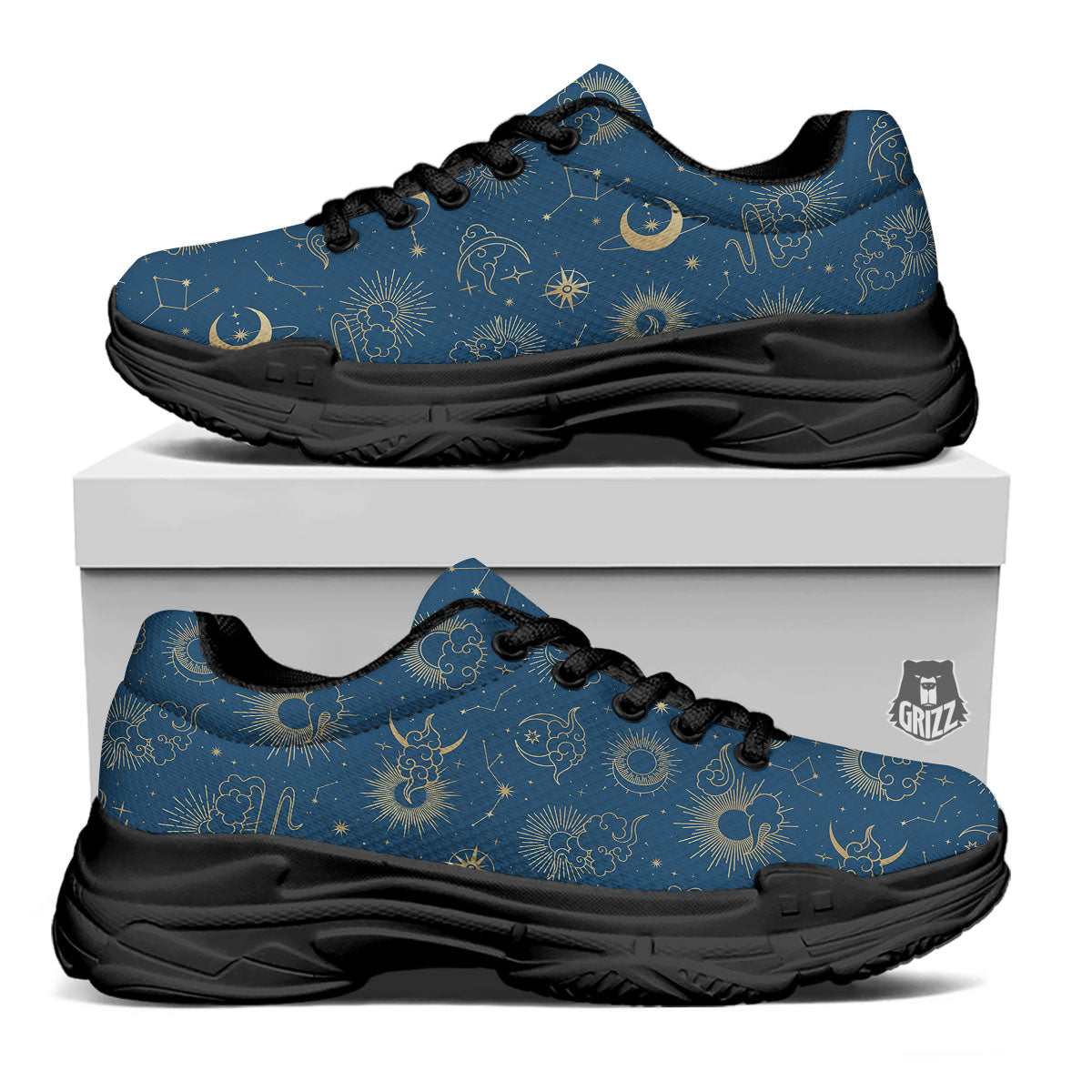 Moon And Blue Sun Print Pattern Black Chunky Shoes-grizzshop