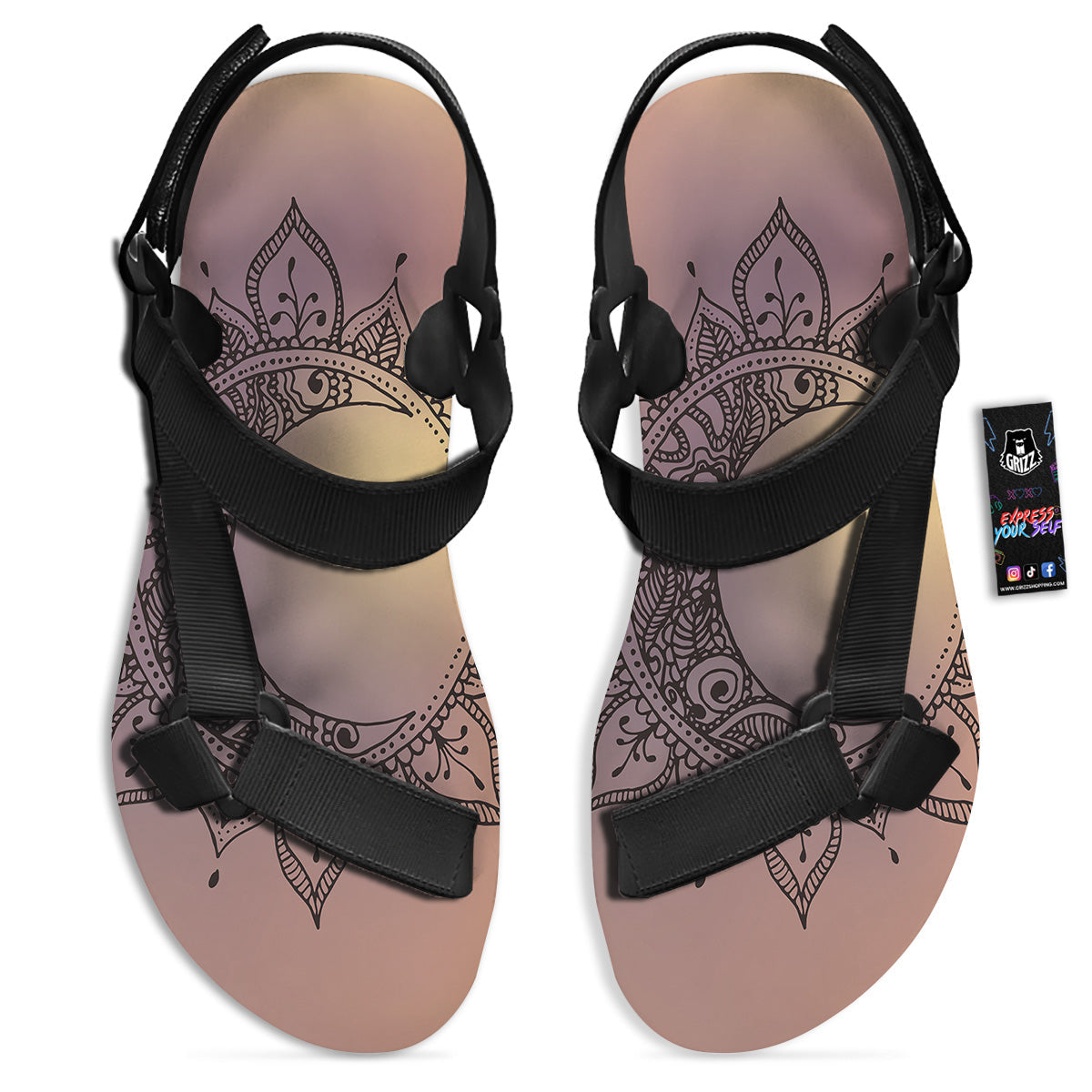 Moon And Bohemian Sun Print Black Open Toe Sandals-grizzshop