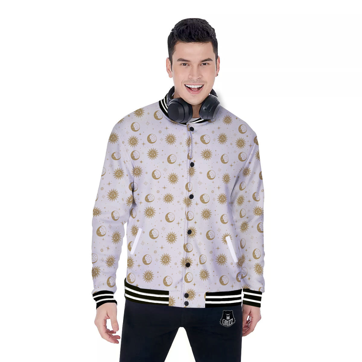 Moon And Gold Sun Print Pattern Baseball Jacket-grizzshop
