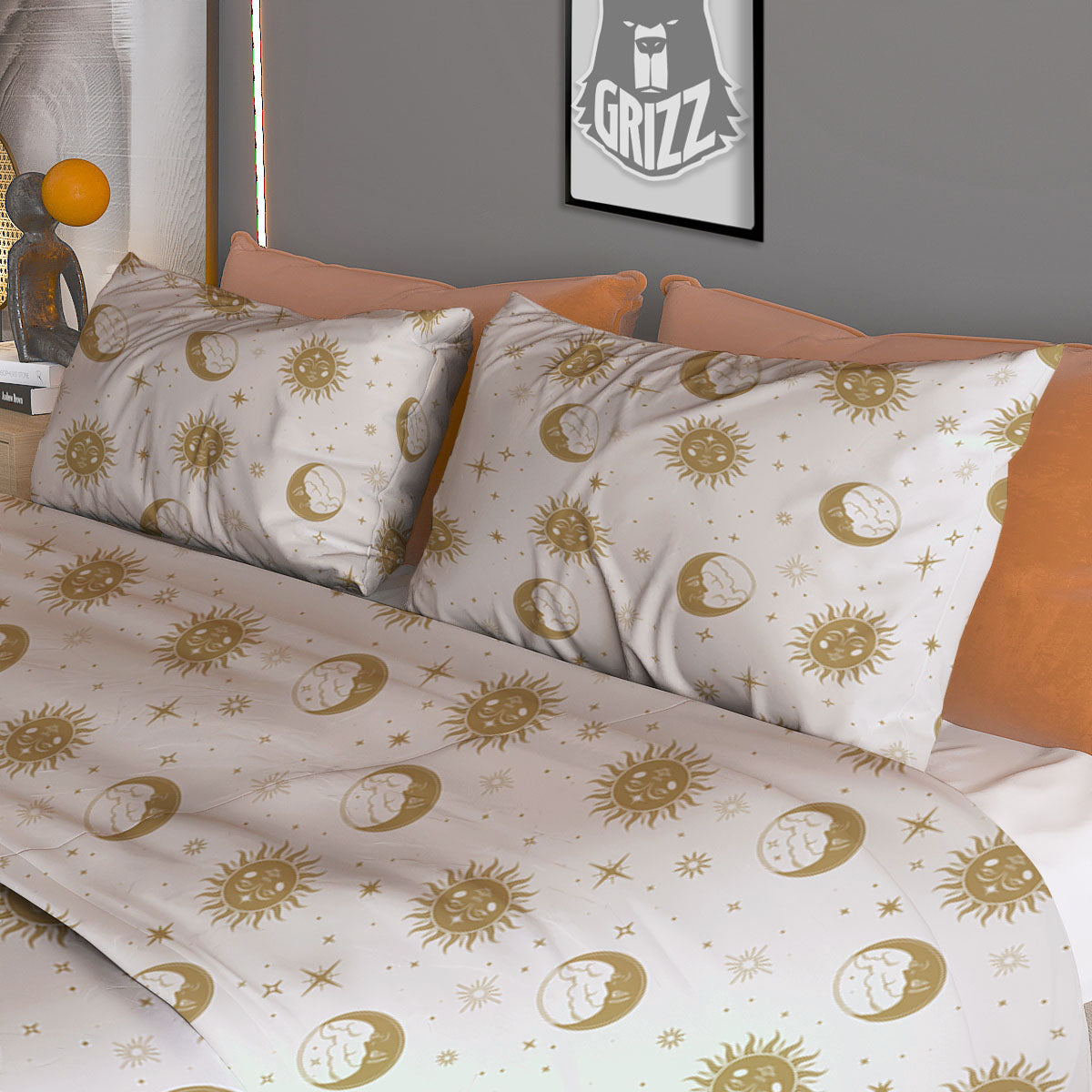 Moon And Gold Sun Print Pattern Duvet Cover Bedding Set