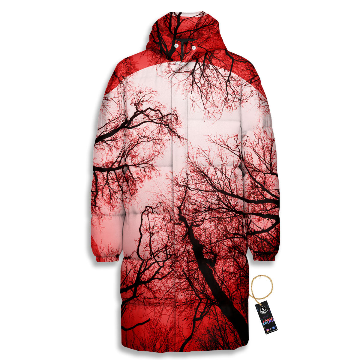 Moon And Horror Forest Print Long Down Jacket-grizzshop