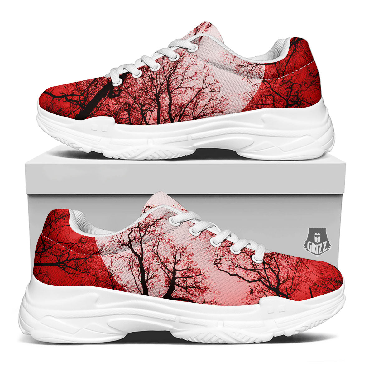 Moon And Horror Forest Print White Chunky Shoes-grizzshop