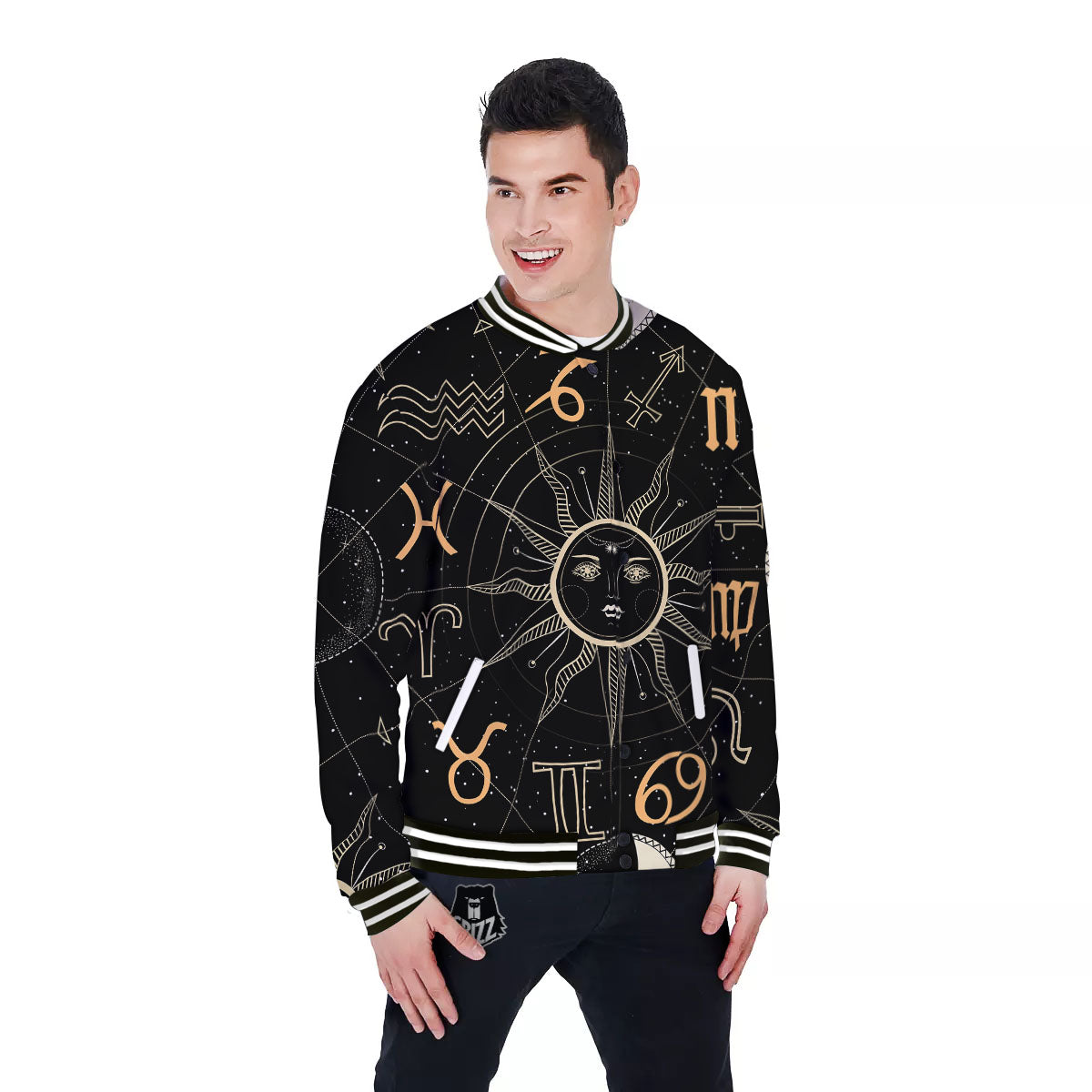Moon And Vintage Sun Print Baseball Jacket-grizzshop