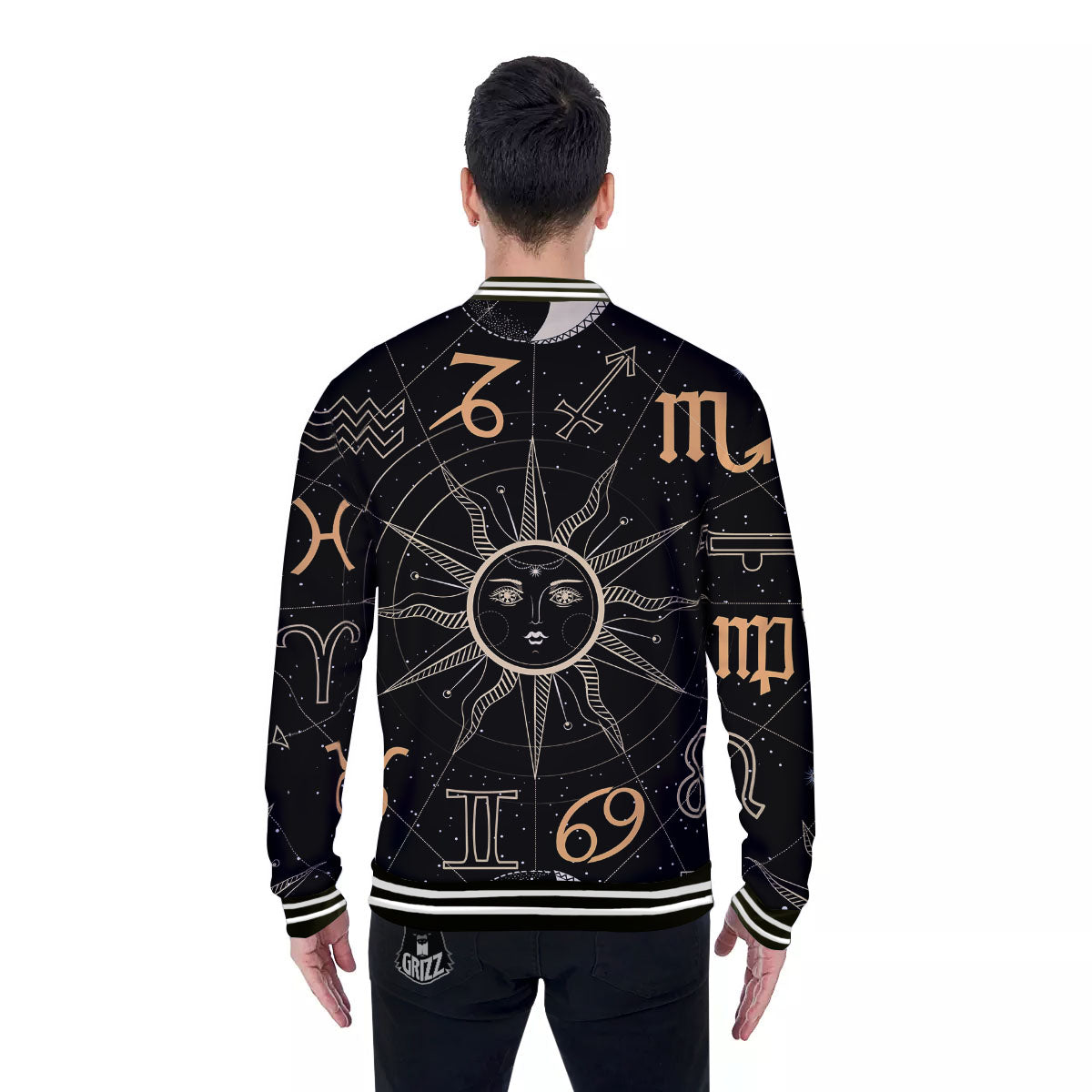 Moon And Vintage Sun Print Baseball Jacket-grizzshop