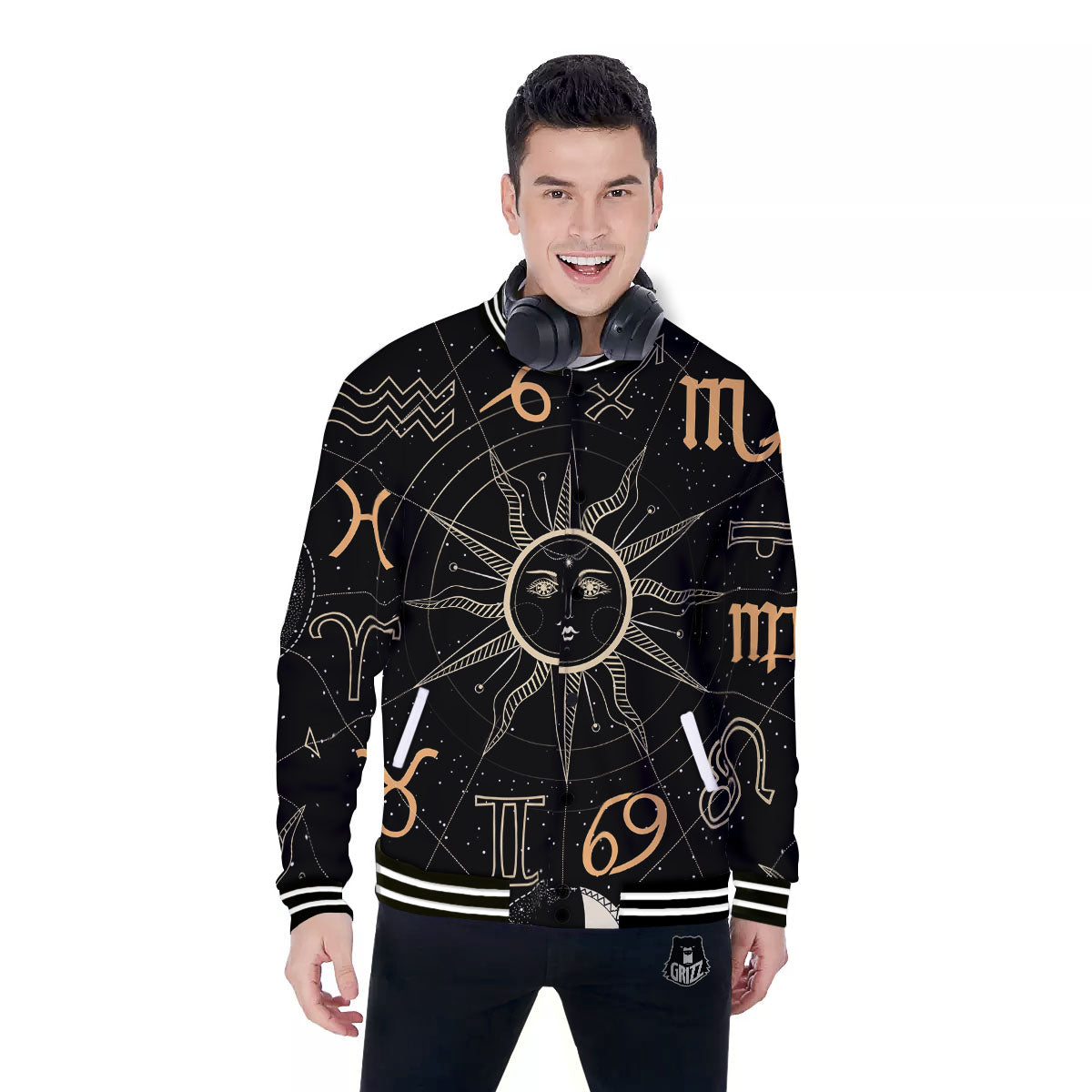 Moon And Vintage Sun Print Baseball Jacket-grizzshop