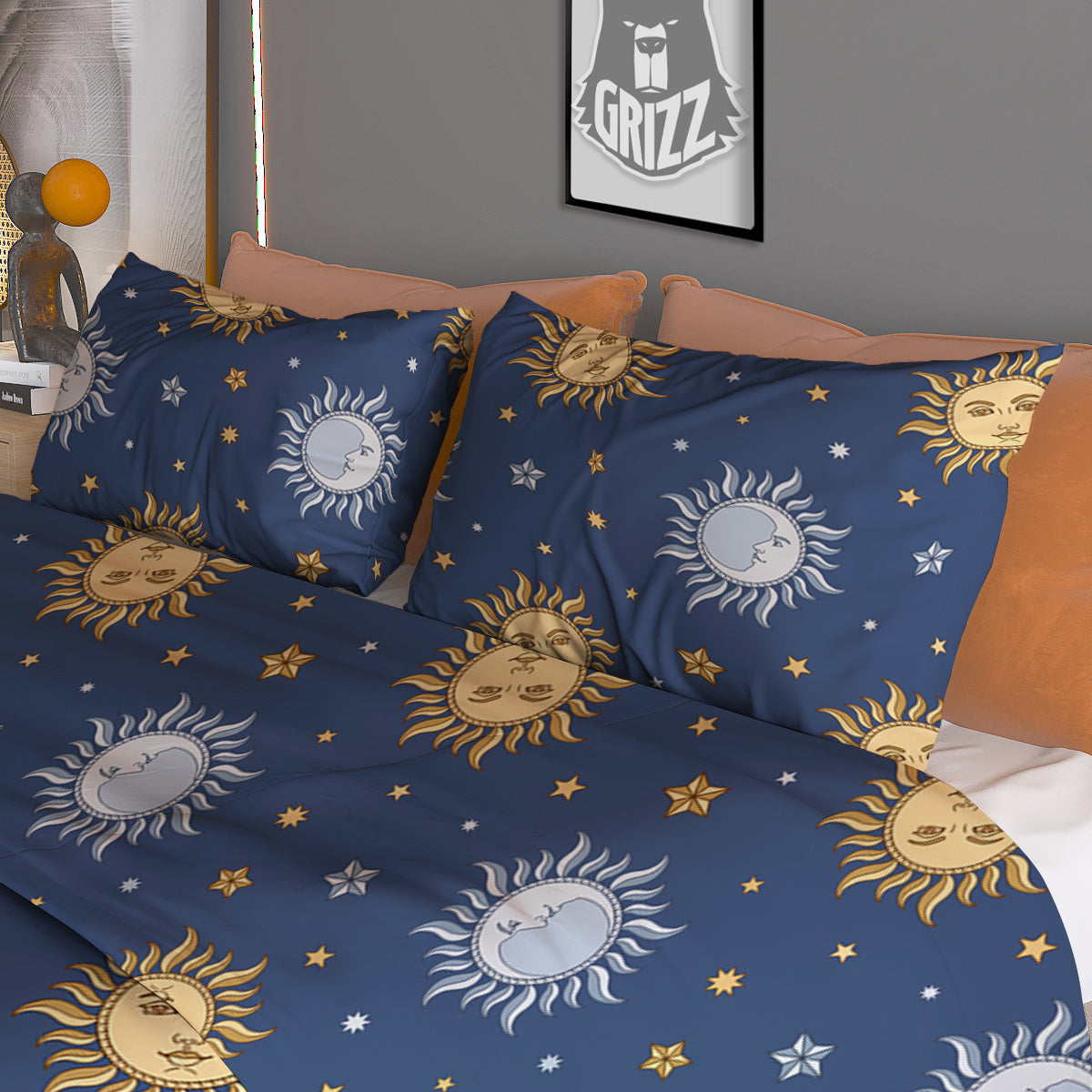 Moon And Vintage Sun Print Pattern Duvet Cover Bedding Set