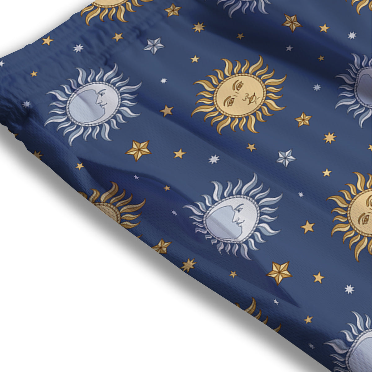 Moon And Vintage Sun Print Pattern Mesh Shorts