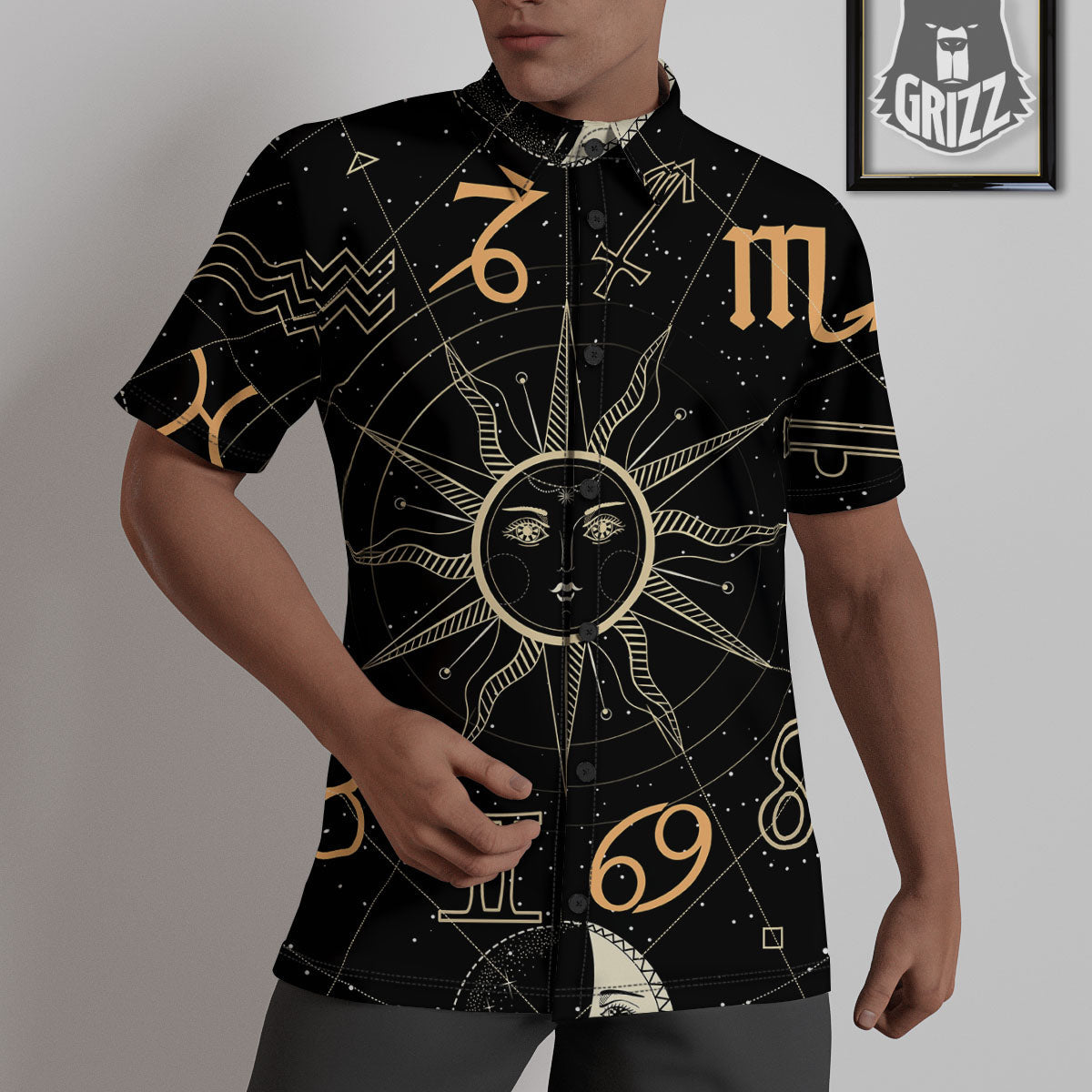 Moon And Vintage Sun Print Untucked Shirts-grizzshop