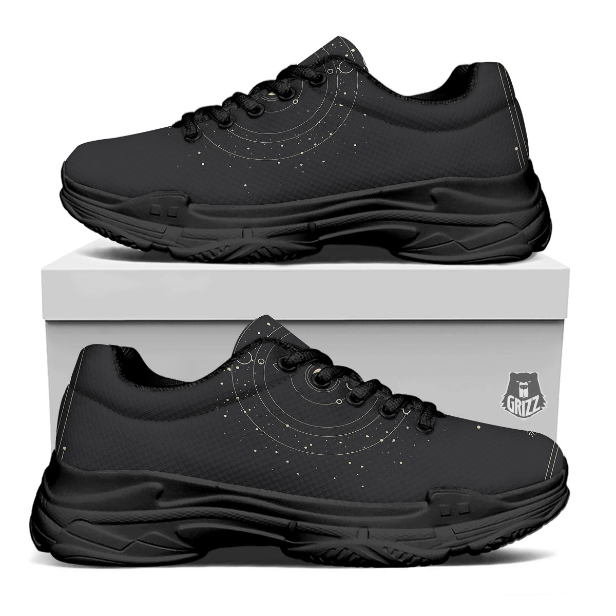 Moon Phase Galaxy Print Black Chunky Shoes-grizzshop