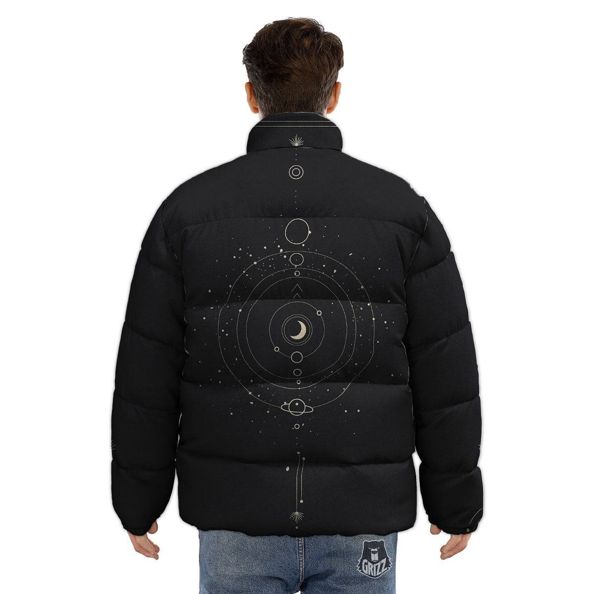 Moon Phase Galaxy Print Puffer Jacket-grizzshop