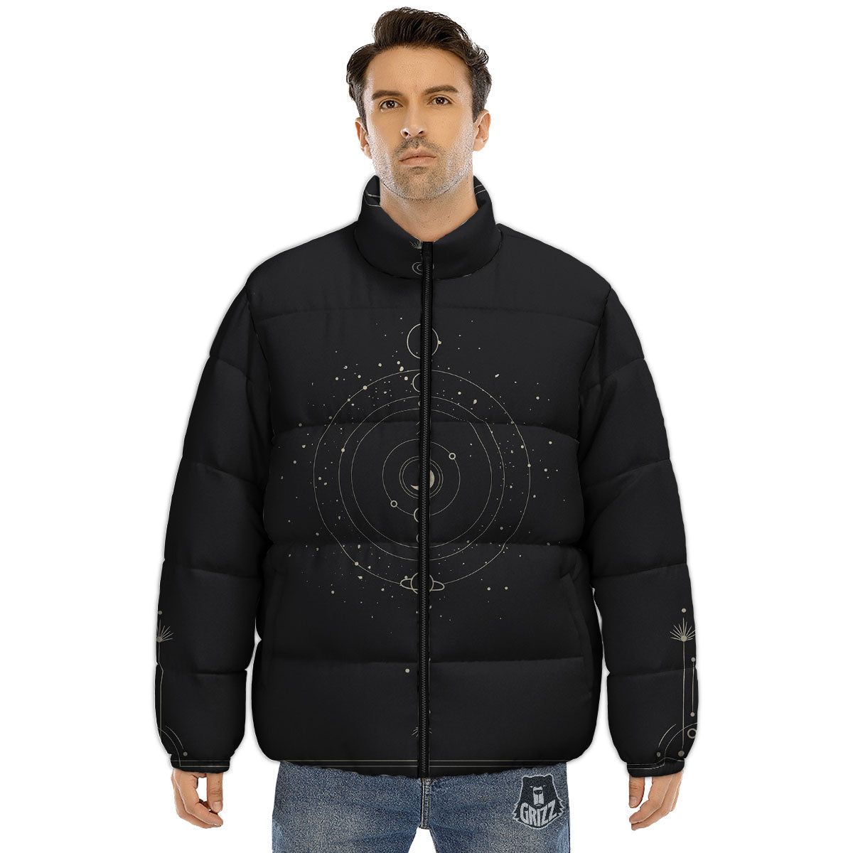Moon Phase Galaxy Print Puffer Jacket-grizzshop