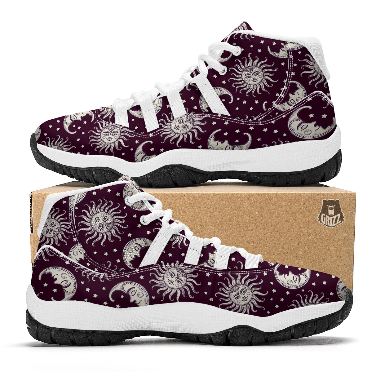 Moon Sun Celestial Pattern Print White Bball Shoes-grizzshop