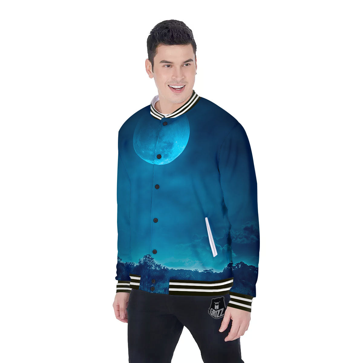 Moonlight And Night Forest Print Baseball Jacket-grizzshop
