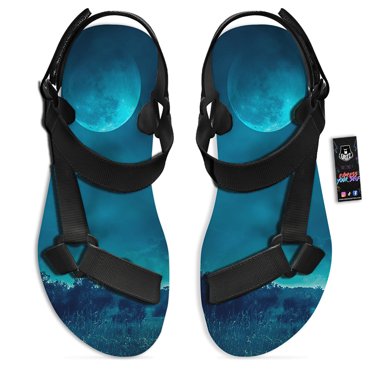 Moonlight And Night Forest Print Black Open Toe Sandals-grizzshop