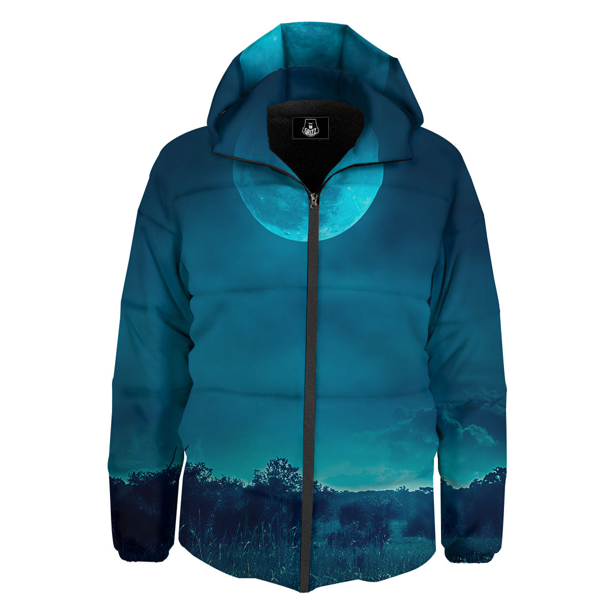 Moonlight And Night Forest Print Down Jacket-grizzshop