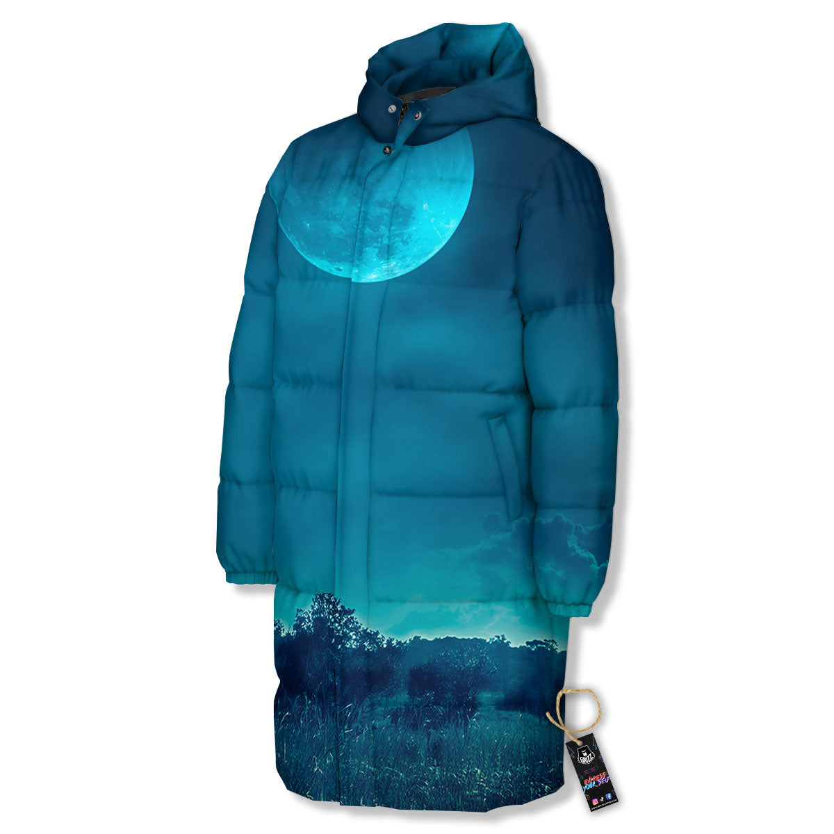 Moonlight And Night Forest Print Long Down Jacket-grizzshop