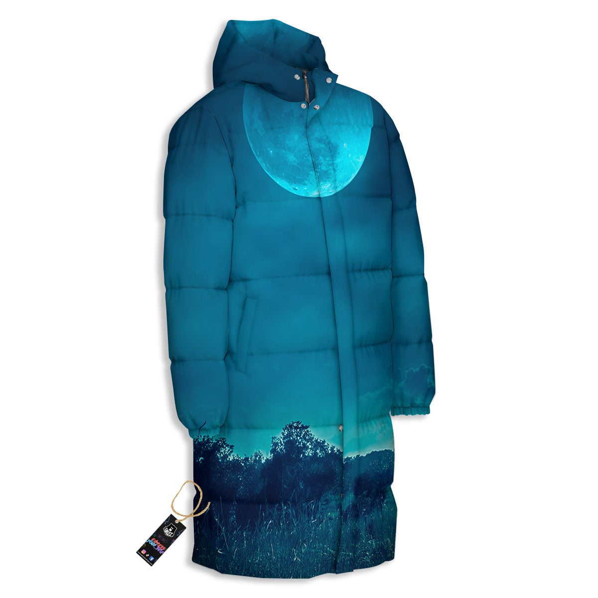 Moonlight And Night Forest Print Long Down Jacket-grizzshop