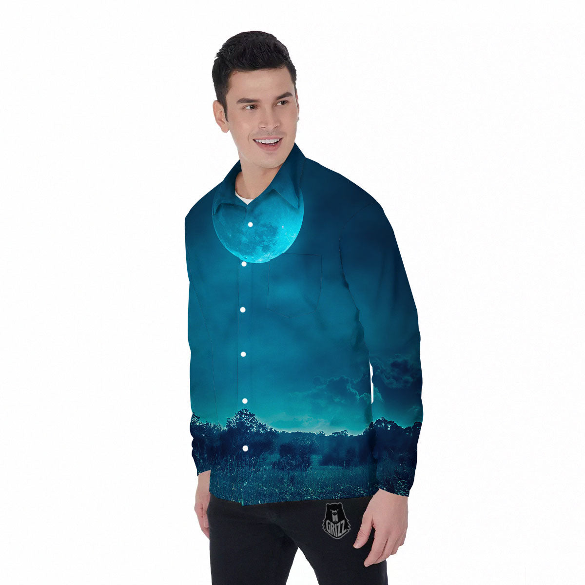 Moonlight And Night Forest Print Men's Long Sleeve Shirts-grizzshop