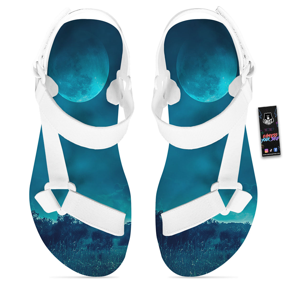 Moonlight And Night Forest Print White Open Toe Sandals-grizzshop