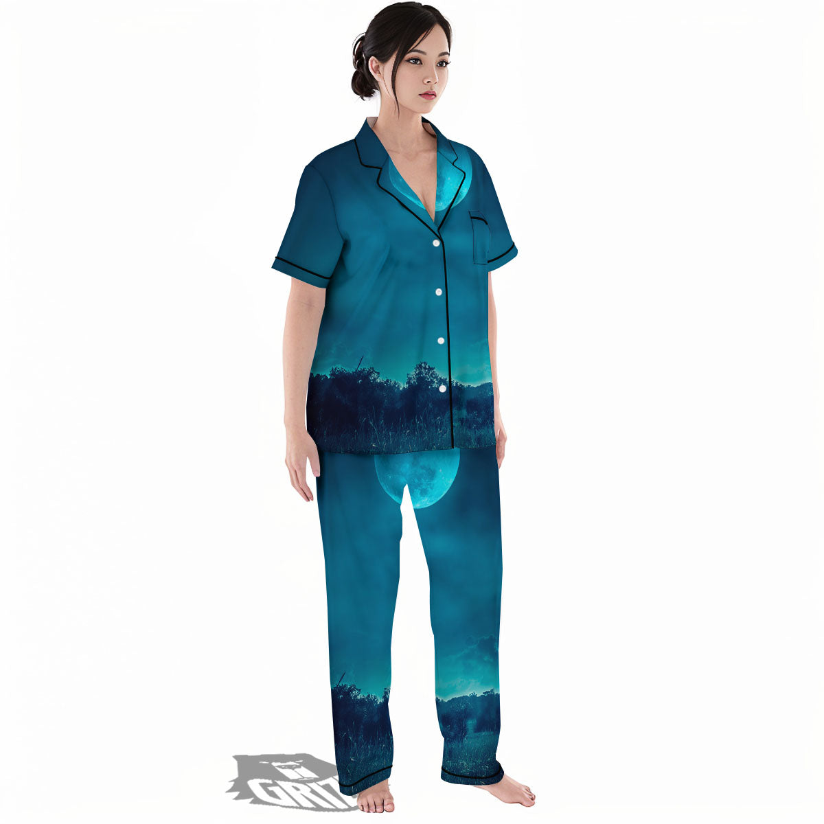 Moonlight And Night Forest Print Women's Pajamas Set-grizzshop