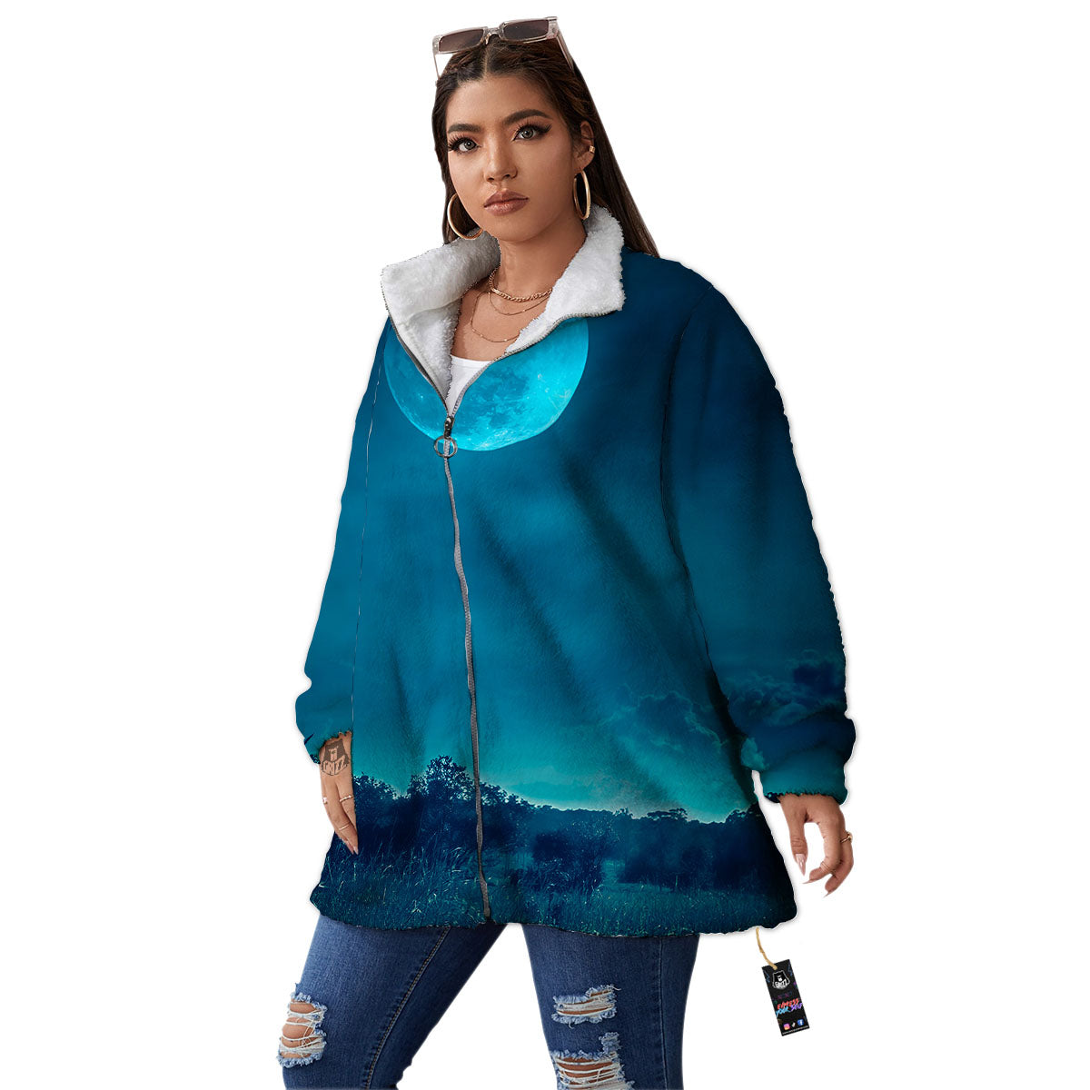 Moonlight And Night Forest Print Women's Sherpa Jacket-grizzshop