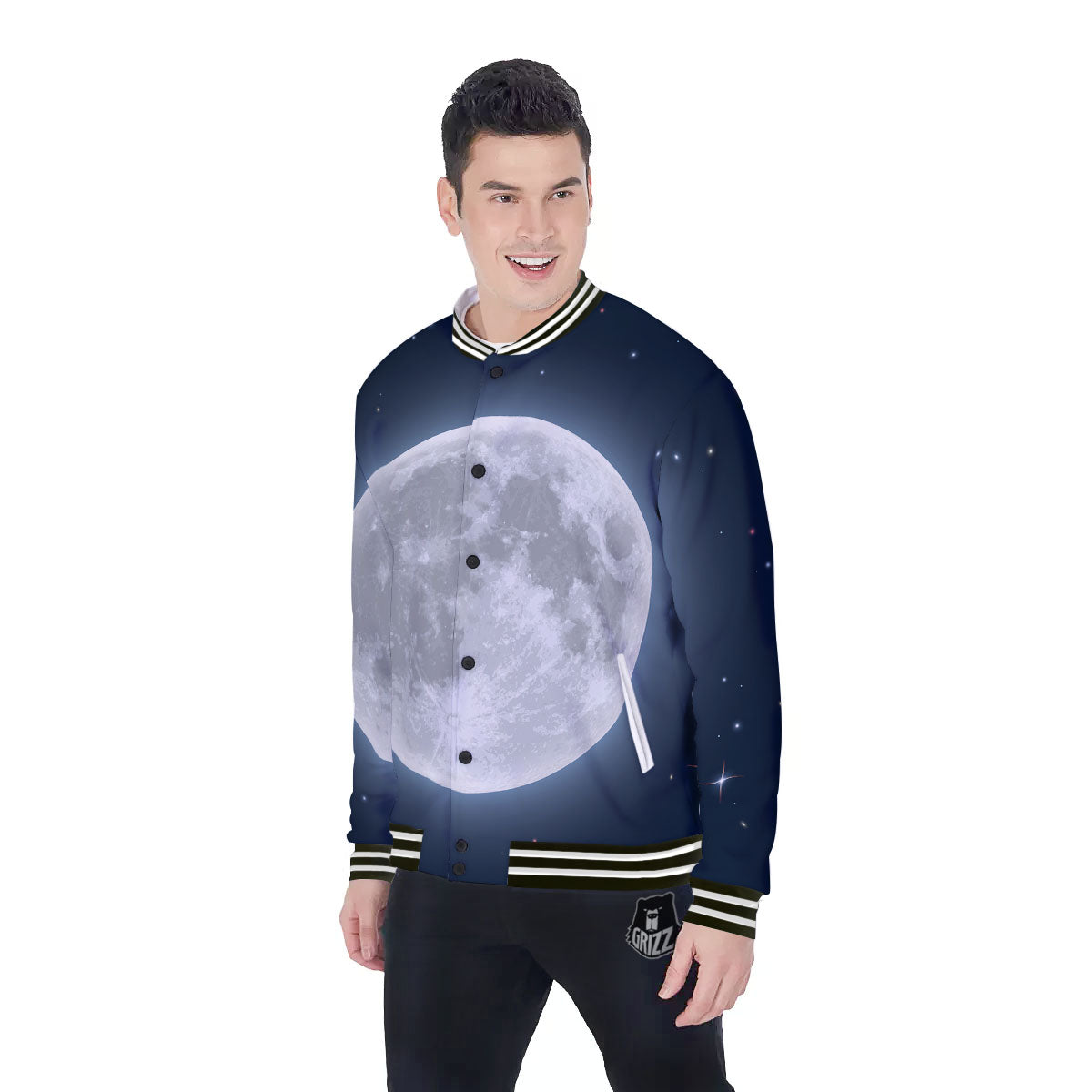 Moonlight And Night Sky Print Baseball Jacket-grizzshop