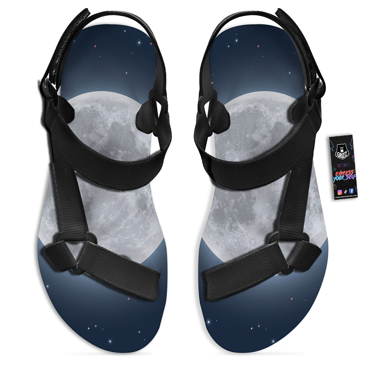 Moonlight And Night Sky Print Black Open Toe Sandals-grizzshop