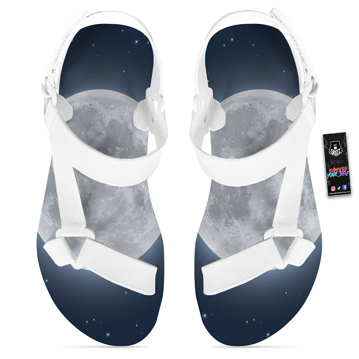 Moonlight And Night Sky Print White Open Toe Sandals-grizzshop