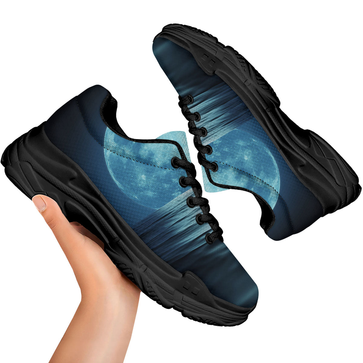 Moonlight And The Sea Print Black Chunky Shoes-grizzshop