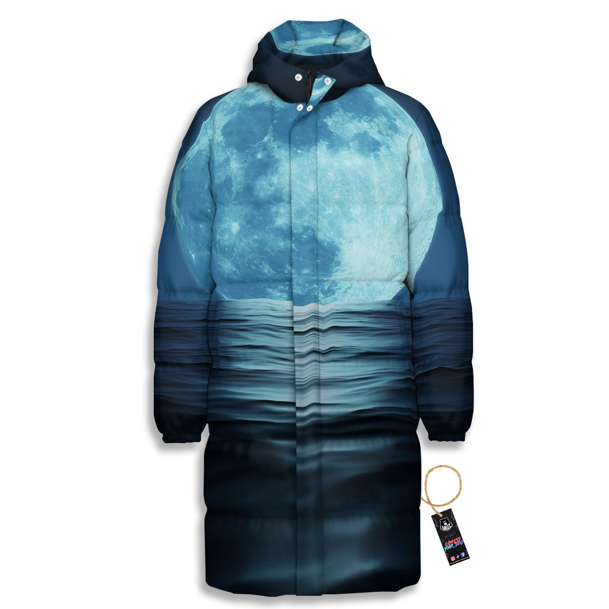 Moonlight And The Sea Print Long Down Jacket-grizzshop