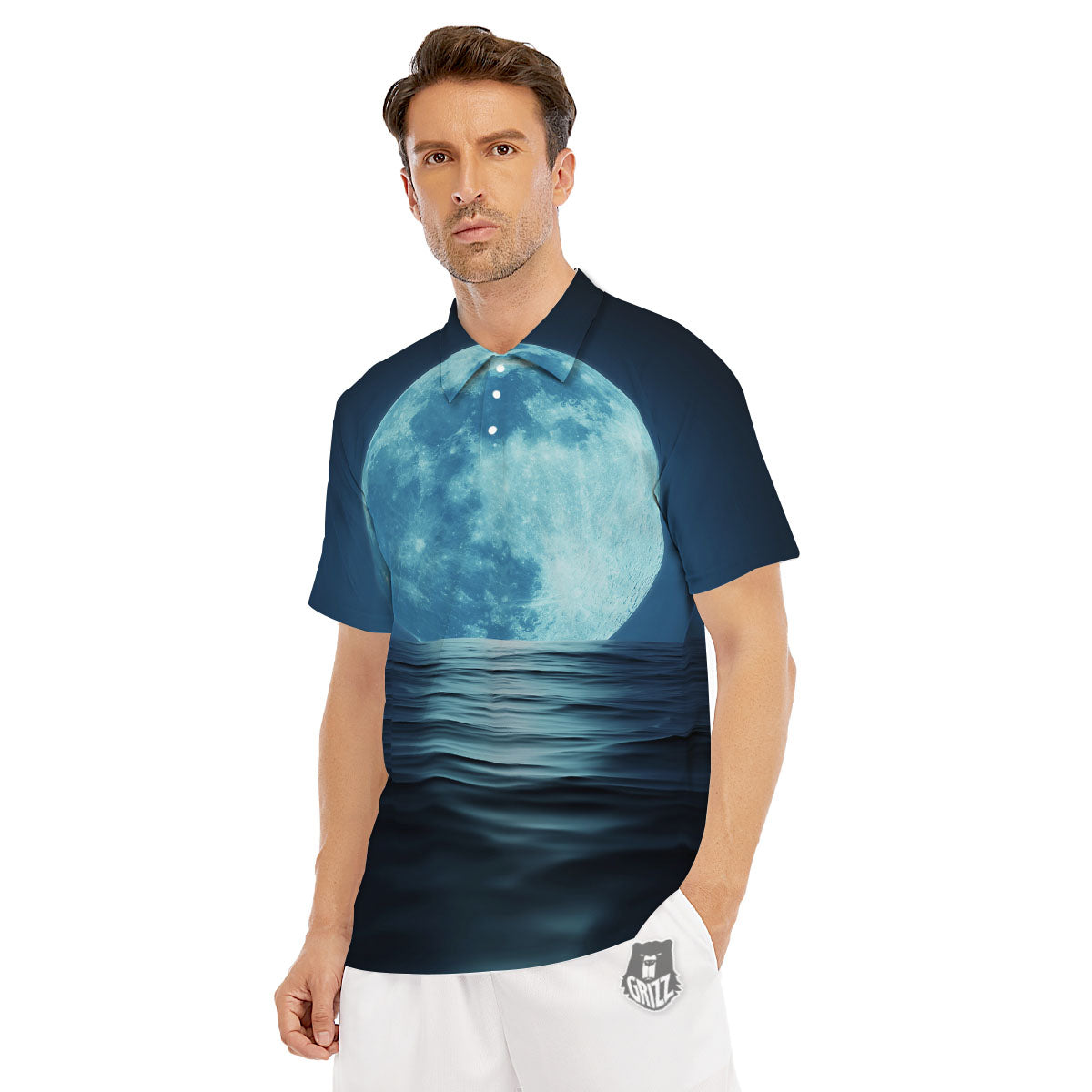 Moonlight And The Sea Print Men's Golf Shirts-grizzshop