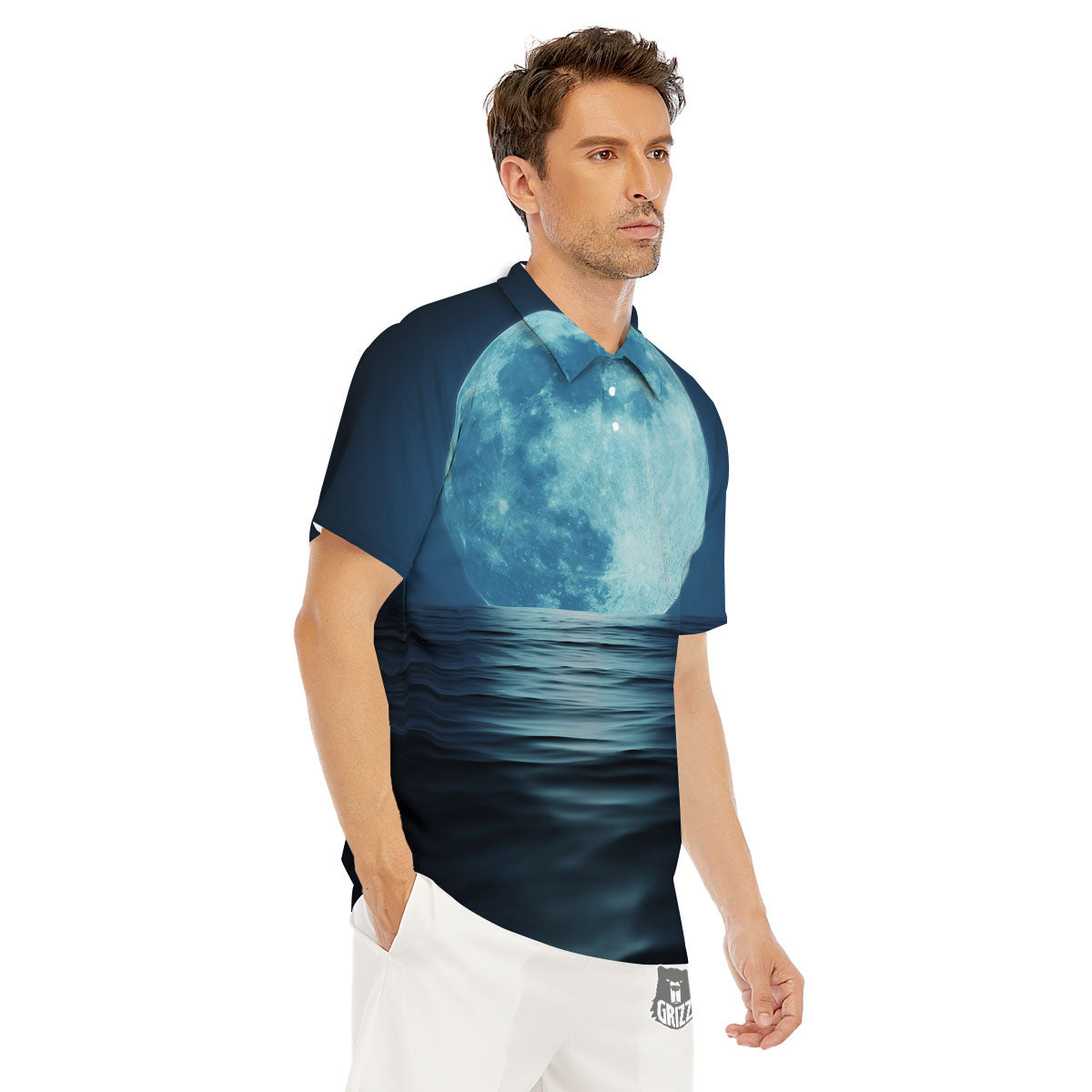 Moonlight And The Sea Print Men's Golf Shirts-grizzshop