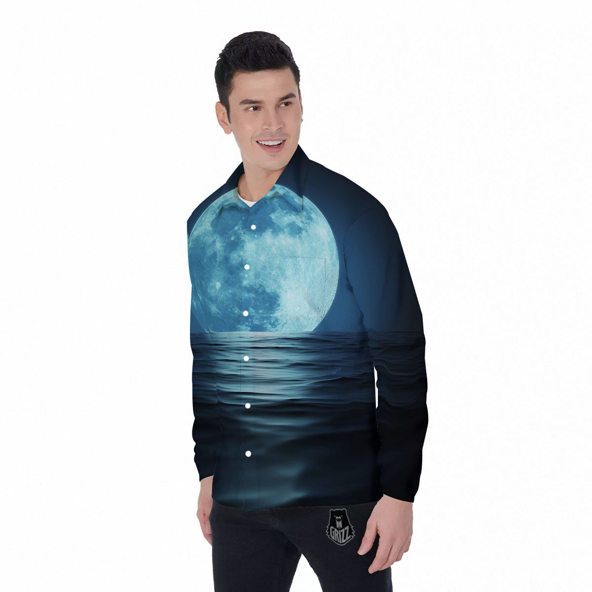 Moonlight And The Sea Print Men's Long Sleeve Shirts-grizzshop